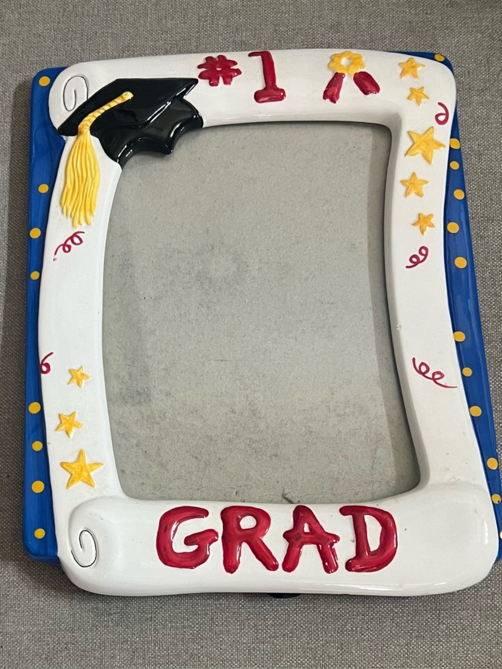Vintage #1 Grad Graduation White Ceramic Picture Frame Primary Colors 10” X 7.5”